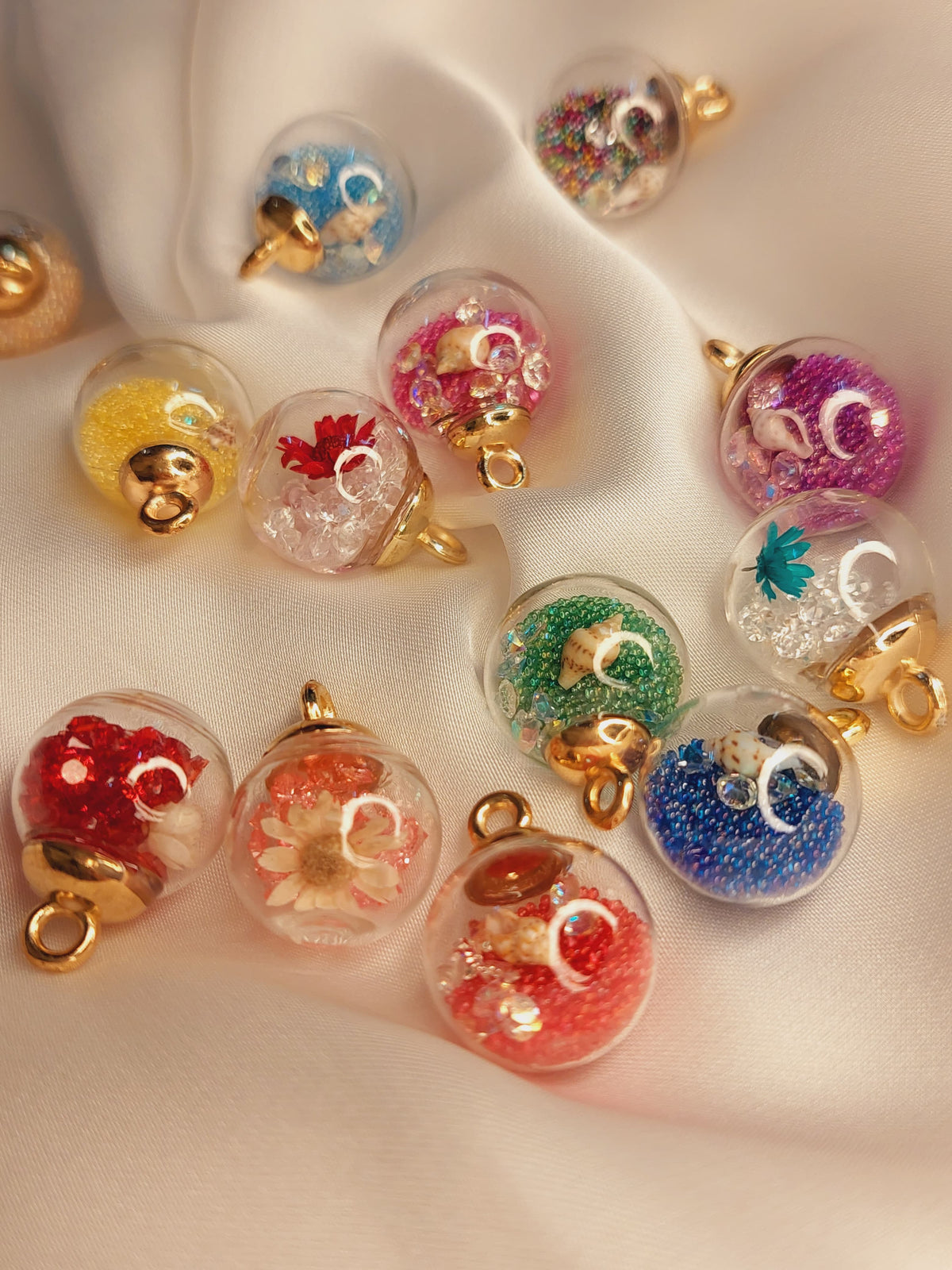 Imported Glass Globe Charms with dry flowers and sea shells