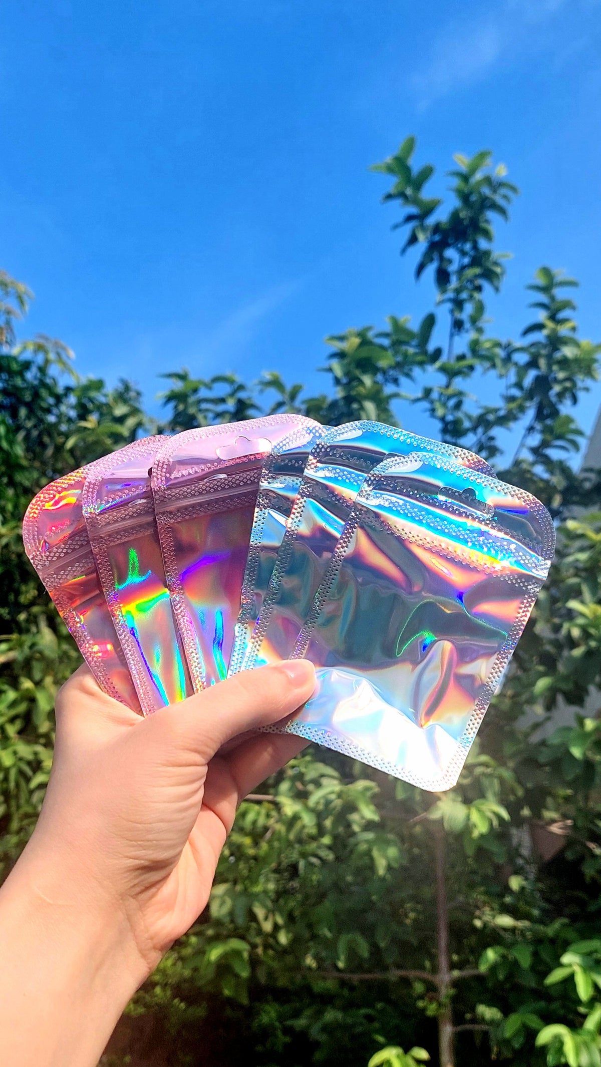 Holographic/ iridescent zip lock bags in Pink & Silver