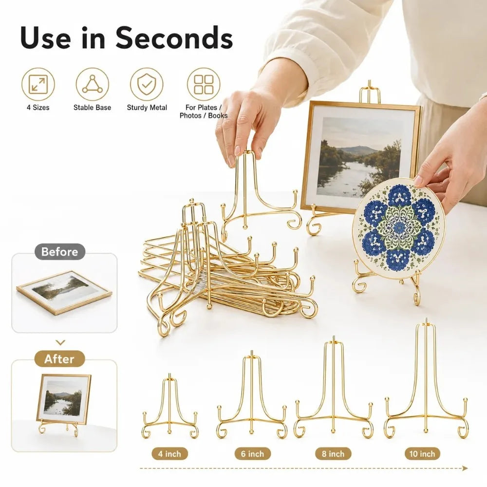 1pc Durable Foldable Plate Stands Metal Easel Rack , with chrome  finishing, high-quality, imported 6 8 10 inch Display Stand
